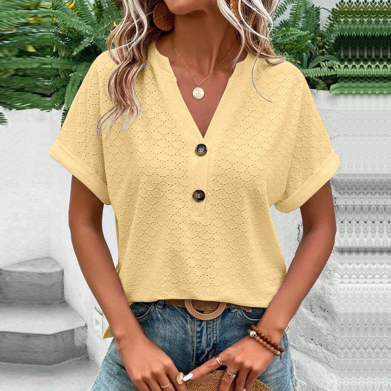 Wholesale spring and summer women's fashion casual solid color button V-neck T-shirt